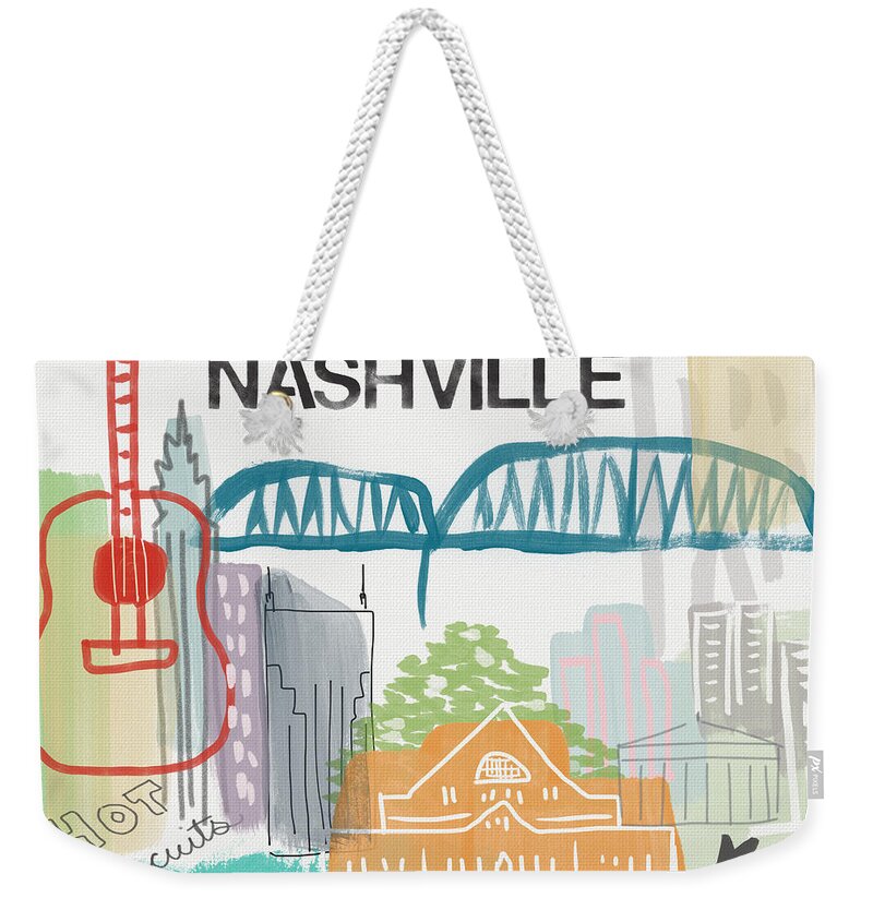 Nashville Weekender Tote Bag featuring the painting Nashville Cityscape- Art by Linda Woods by Linda Woods