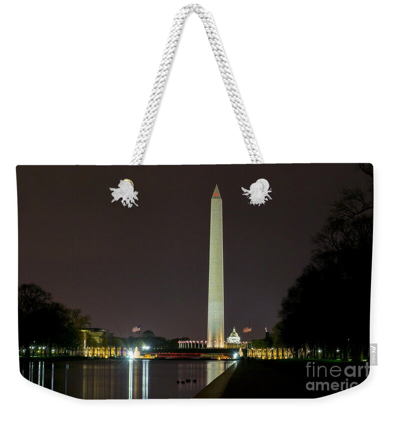 Us Flag Weekender Tote Bag featuring the photograph National Mall at Night by Angela DeFrias