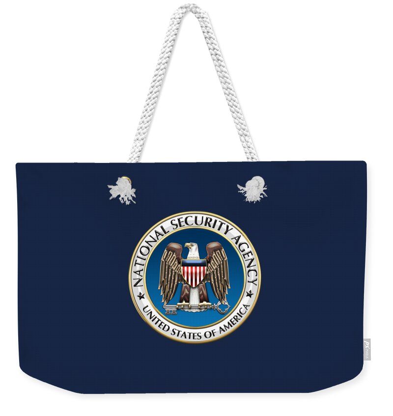 'military Insignia & Heraldry 3d' Collection By Serge Averbukh Weekender Tote Bag featuring the digital art National Security Agency - N S A Emblem on Blue Velvet by Serge Averbukh