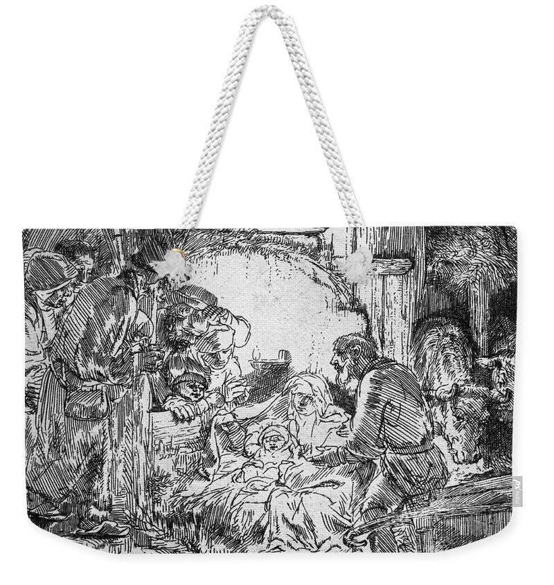 Adoration Of The Shepherds; Shepherd; Infant Jesus Christ; Baby; Child; Joseph; Virgin Mary; Madonna; Holy Family; Stable; Manger; Ox; Oxen; Straw Weekender Tote Bag featuring the drawing Nativity, 1654 by Rembrandt by Rembrandt