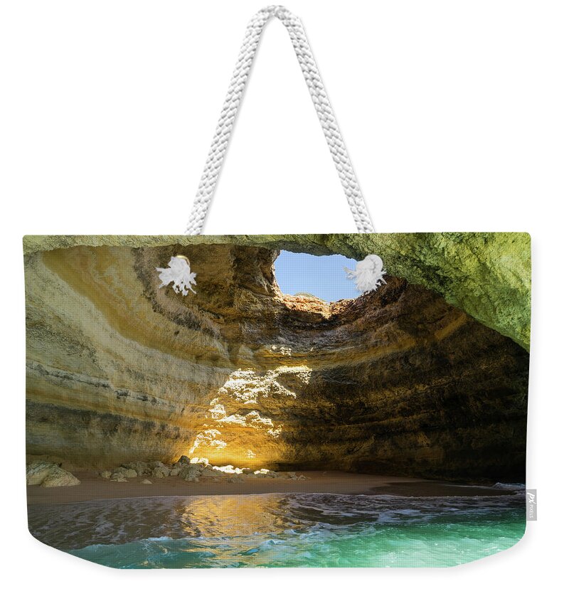 Georgia Mizuleva Weekender Tote Bag featuring the photograph Natural Oculus - Inside the Iconic Algar de Benagil Sea Cave in Algarve Portugal by Georgia Mizuleva