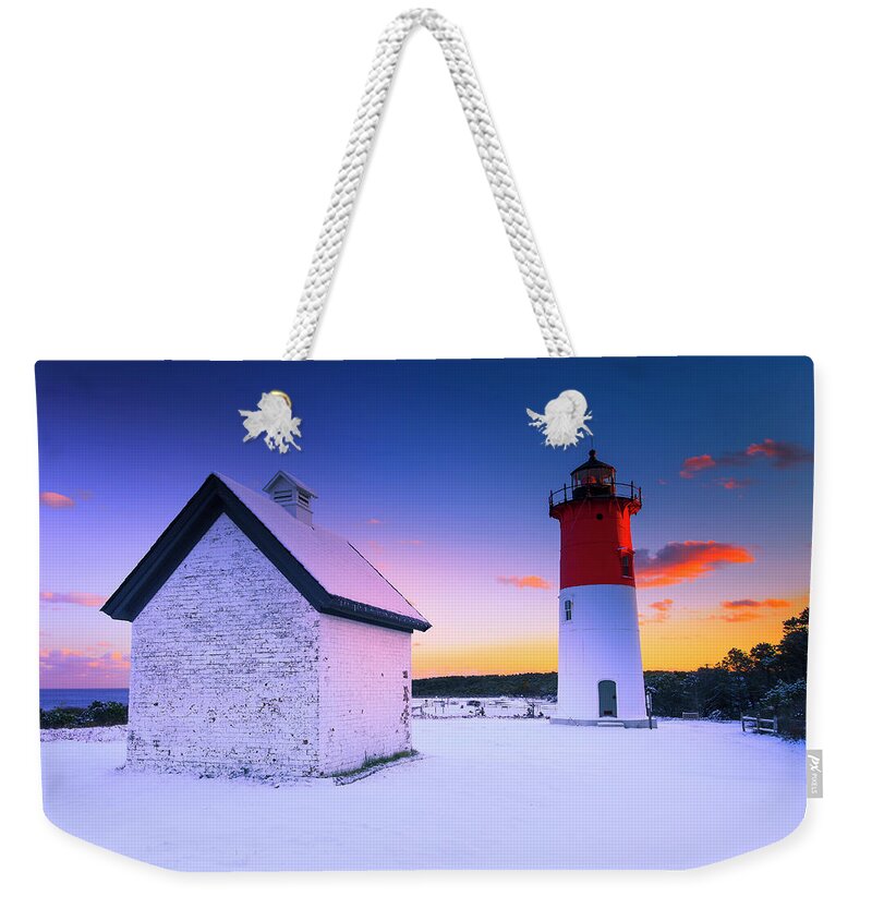 Usa Weekender Tote Bag featuring the photograph Nauset Lighthouse Sunset, First Snow by Darius Aniunas