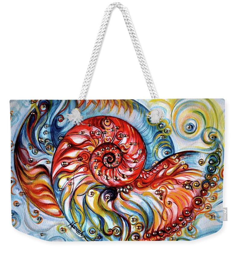 Nautilus Shell Weekender Tote Bag featuring the painting Nautilus Shell - Ocean by Harsh Malik