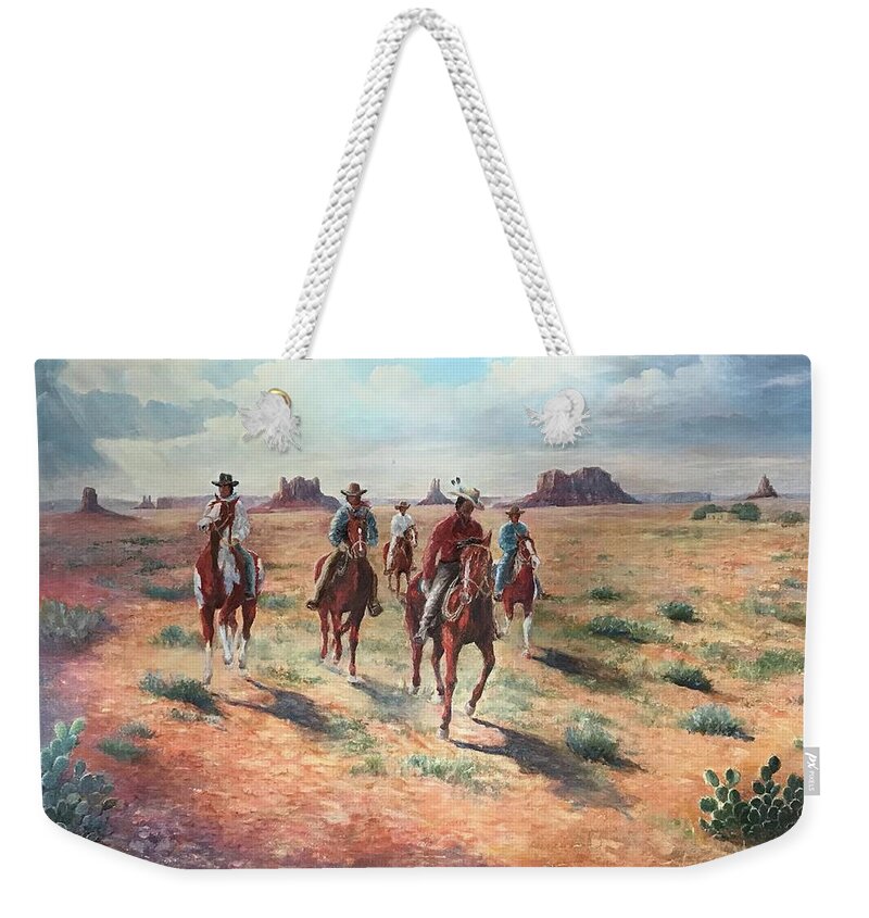 Cowboy Weekender Tote Bag featuring the painting Navajo Riders by ML McCormick