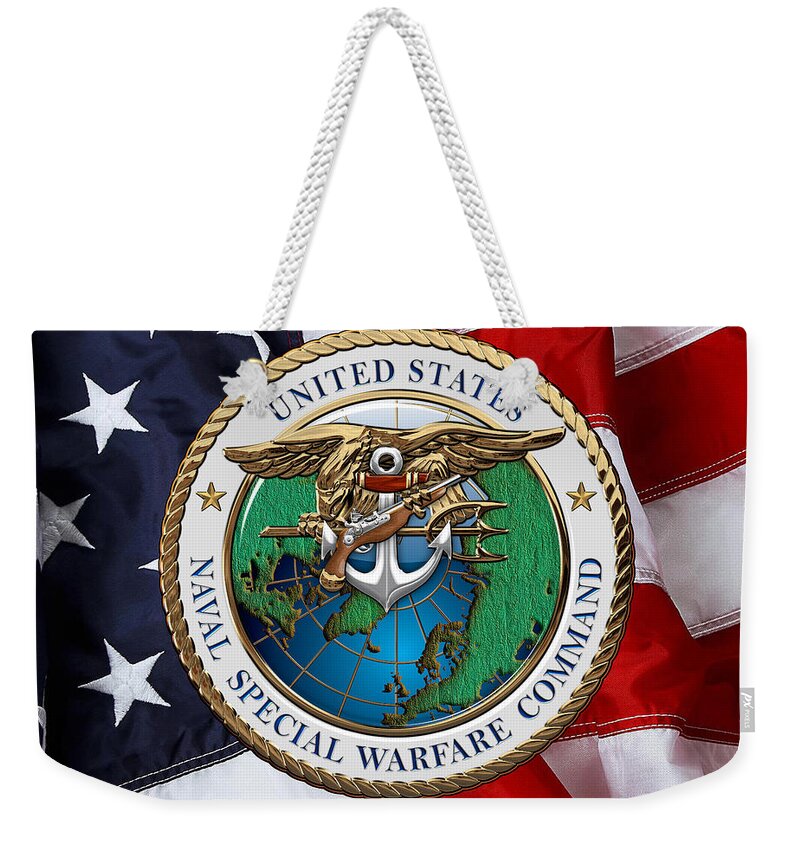 'military Insignia & Heraldry - Nswc' Collection By Serge Averbukh Weekender Tote Bag featuring the digital art Naval Special Warfare Command - N S W C - Emblem over U. S. Flag by Serge Averbukh