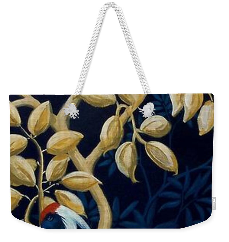 Gold Weekender Tote Bag featuring the painting Navy Blue Gold Crane Oriental decor by Debbie Criswell