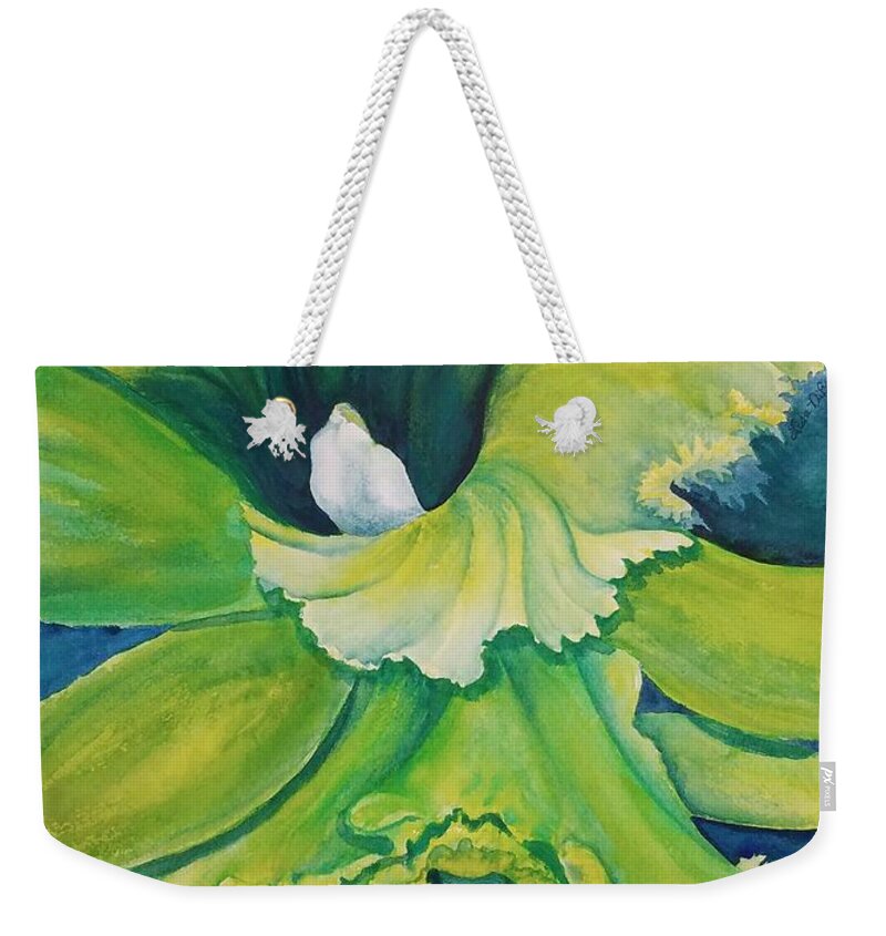 Neon Green Orchid Weekender Tote Bag featuring the painting Neon Fluffy Cattleya Orchids by Lisa Debaets