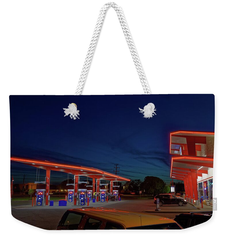 Gas Station Weekender Tote Bag featuring the photograph Neon Gas by Steve Gravano