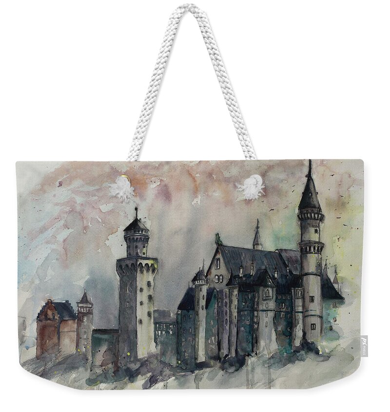 Neuschwanstein Weekender Tote Bag featuring the painting Neuschwanstein Castle Hohenschwangau, Germany by Gray Artus