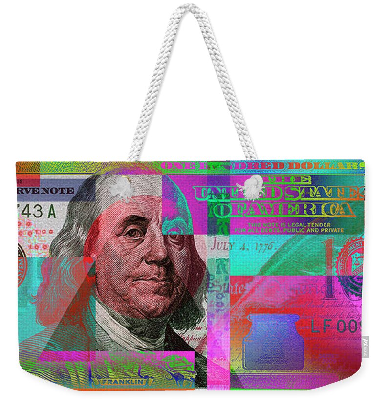 'paper Currency' Collection By Serge Averbukh Weekender Tote Bag featuring the digital art New 2009 Series Pop Art Colorized US One Hundred Dollar Bill No. 3 by Serge Averbukh