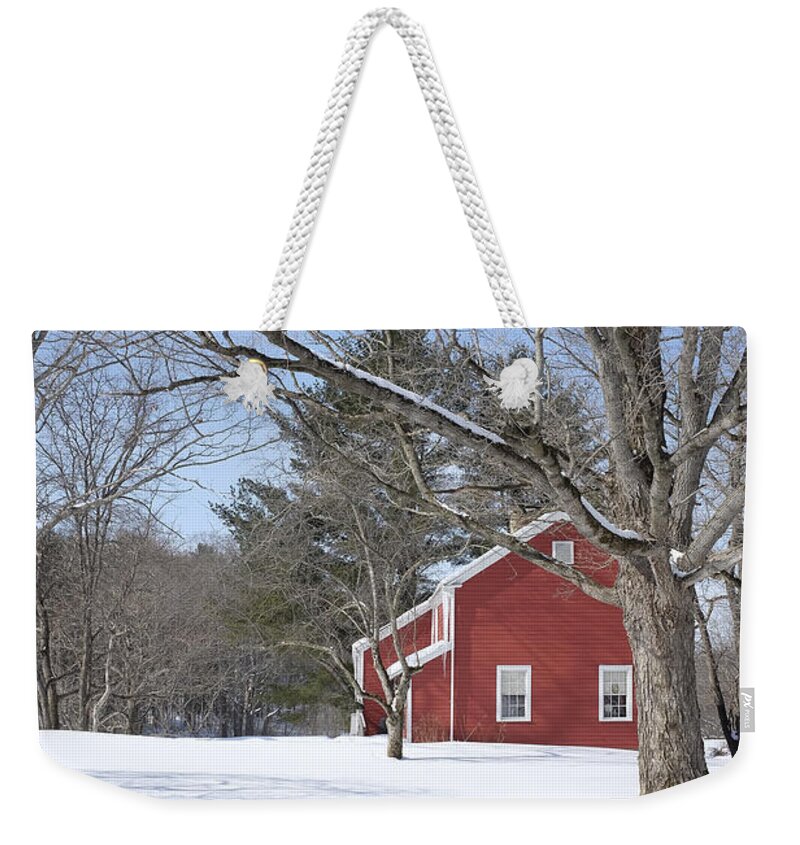 Winter Weekender Tote Bag featuring the photograph New England Red House Winter by Edward Fielding