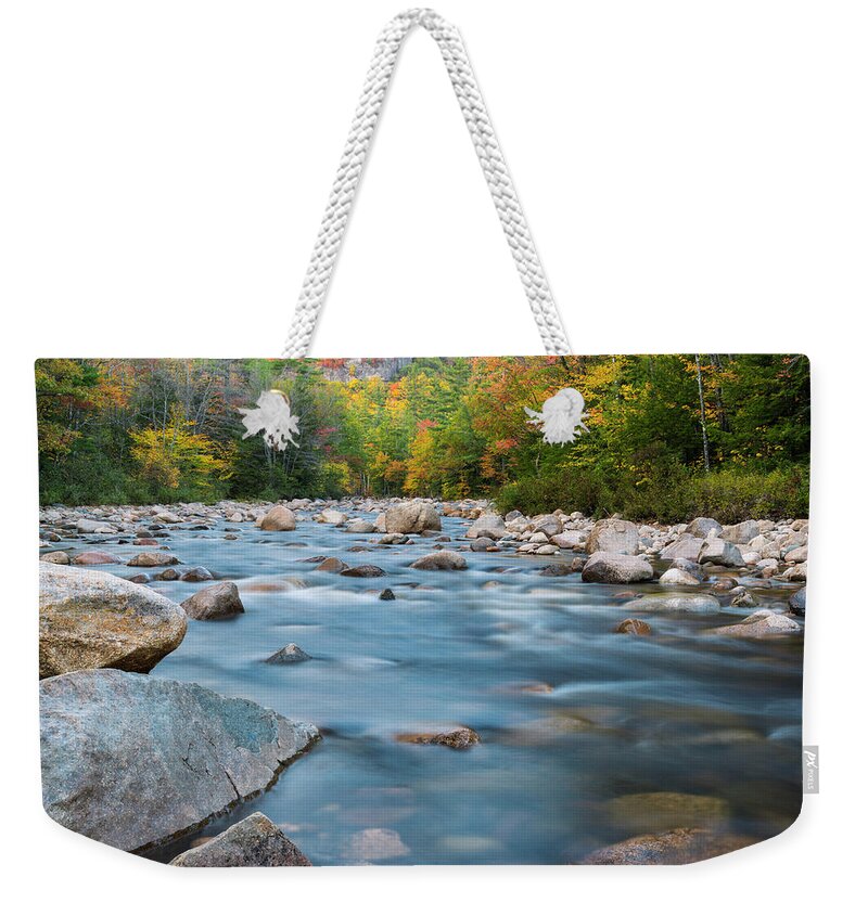 Fall Foliage Weekender Tote Bag featuring the photograph New Hampshire Swift River and Fall Foliage in Autumn by Ranjay Mitra
