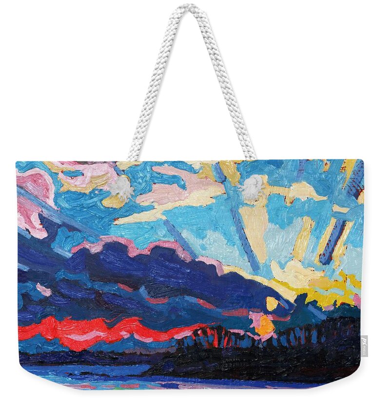 Crescent Weekender Tote Bag featuring the painting New Moon Sunset by Phil Chadwick