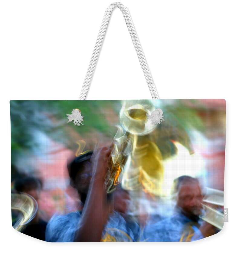 Nola Weekender Tote Bag featuring the photograph New Orleans Abstract Street Jazz Performance by Michael Hoard