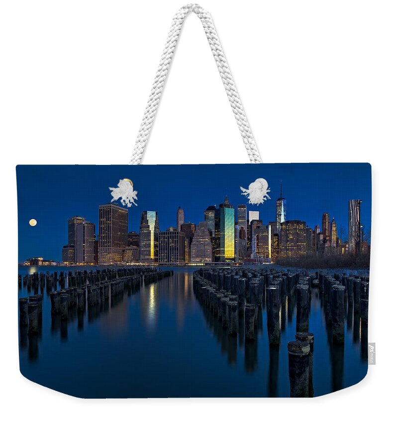 World Trade Center Weekender Tote Bag featuring the photograph New York City Moonset by Susan Candelario
