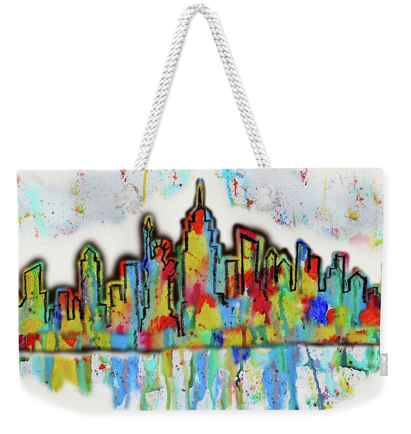 New York Usa Skyline Skyline Of New York Urban Mixed Media American City Skyline Watercolour Silhouette Cityscape Urban Leon Zernitsky Colourful Day View Weekender Tote Bag featuring the painting New York City Skyline Cityscape by Leon Zernitsky