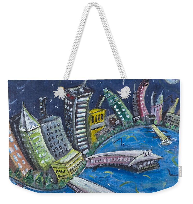 New York City Manhattan Hudson River Weekender Tote Bag featuring the painting New York City Skyline Hoboken by Jason Gluskin