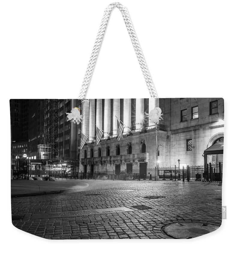 B&w Weekender Tote Bag featuring the photograph New York City Wall Street by John McGraw