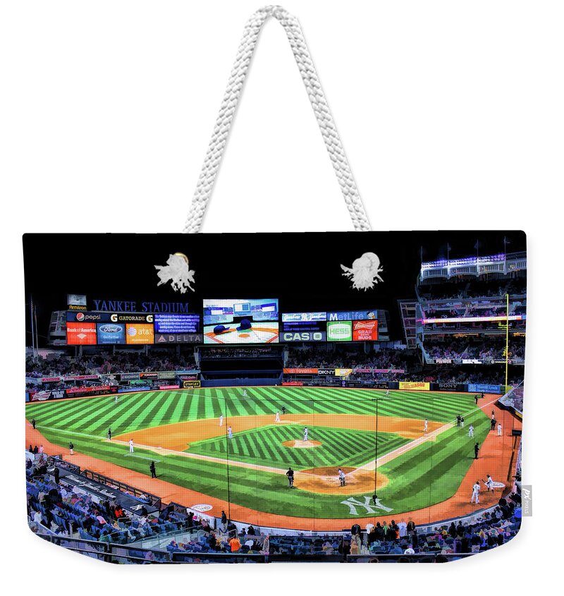 New York Weekender Tote Bag featuring the painting New York City Yankee Stadium by Christopher Arndt