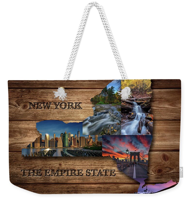 New York Weekender Tote Bag featuring the photograph New York State Map Collage by Rick Berk