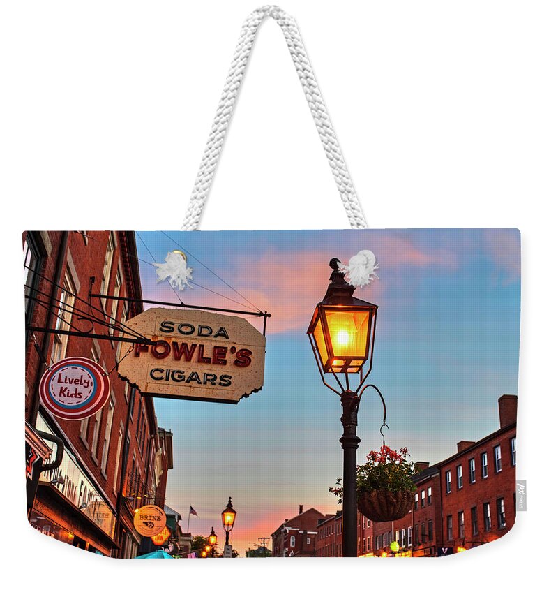 Newburyport Weekender Tote Bag featuring the photograph Newburyport MA High Street Lanterns at Sunset Fowle's by Toby McGuire