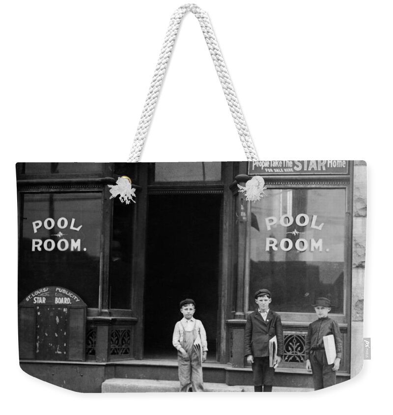 Pool Hall Weekender Tote Bag featuring the photograph Newsies Outside A Pool Room - St. Louis - 1910 by War Is Hell Store