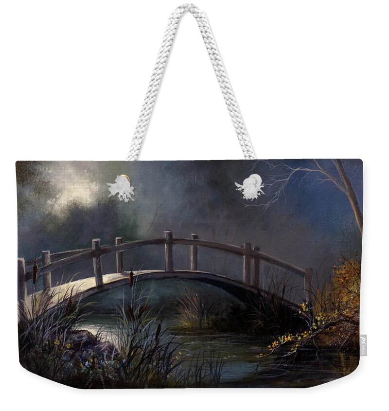 Lynne Pittard Weekender Tote Bag featuring the painting Moonlit Bridge by Lynne Pittard