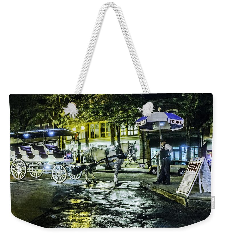 Wilmington's Riverfront Was Named The best American Riverfront By Usa Today.it Is Minutes Away From Nearby Beaches. Tours Weekender Tote Bag featuring the photograph Night tours by horse drawn carriage. by WAZgriffin Digital