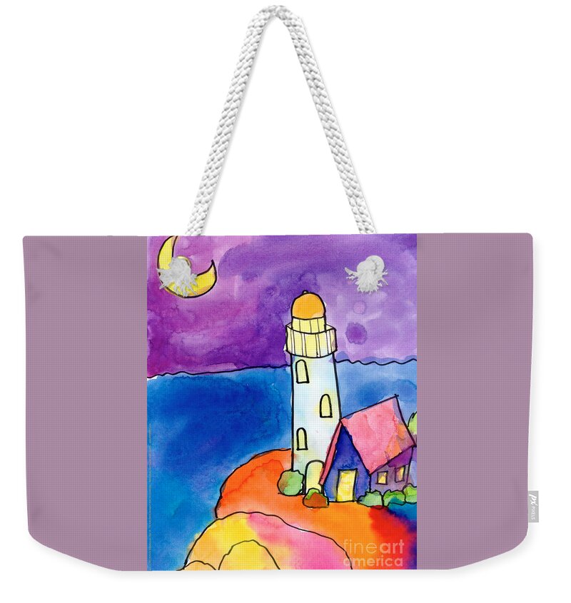 Moon Weekender Tote Bag featuring the painting Nighthouse by Michelle Malachowski Age Ten