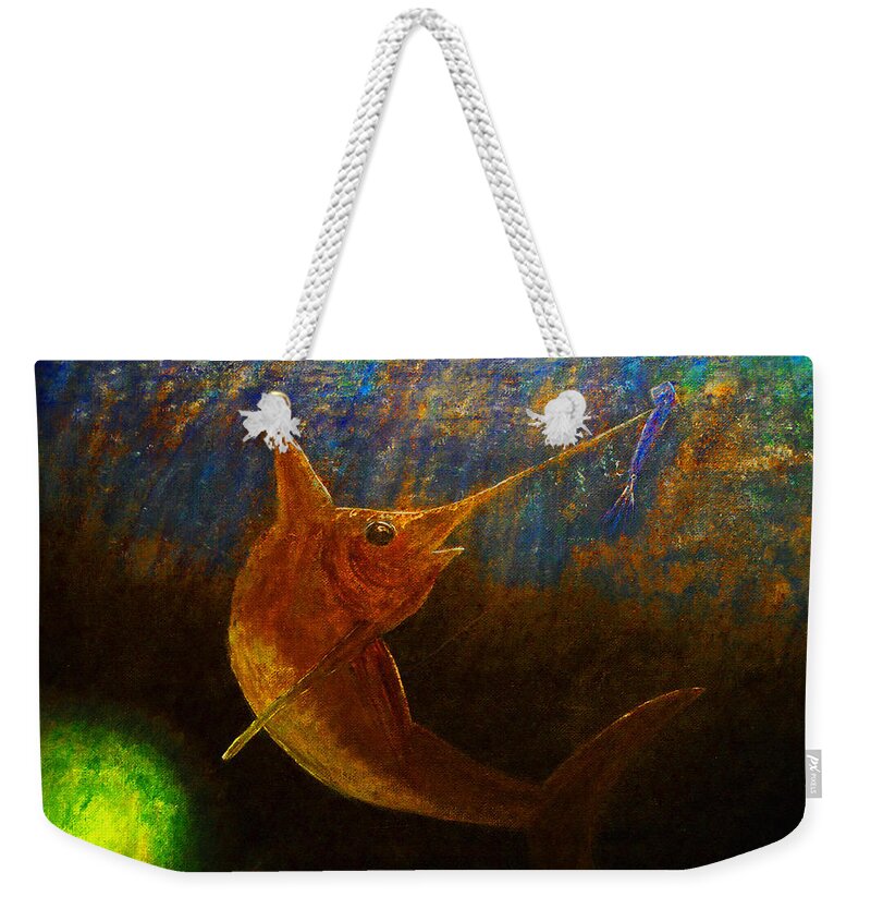 Swordfish Weekender Tote Bag featuring the painting Nighttime Swordfish by Ken Figurski