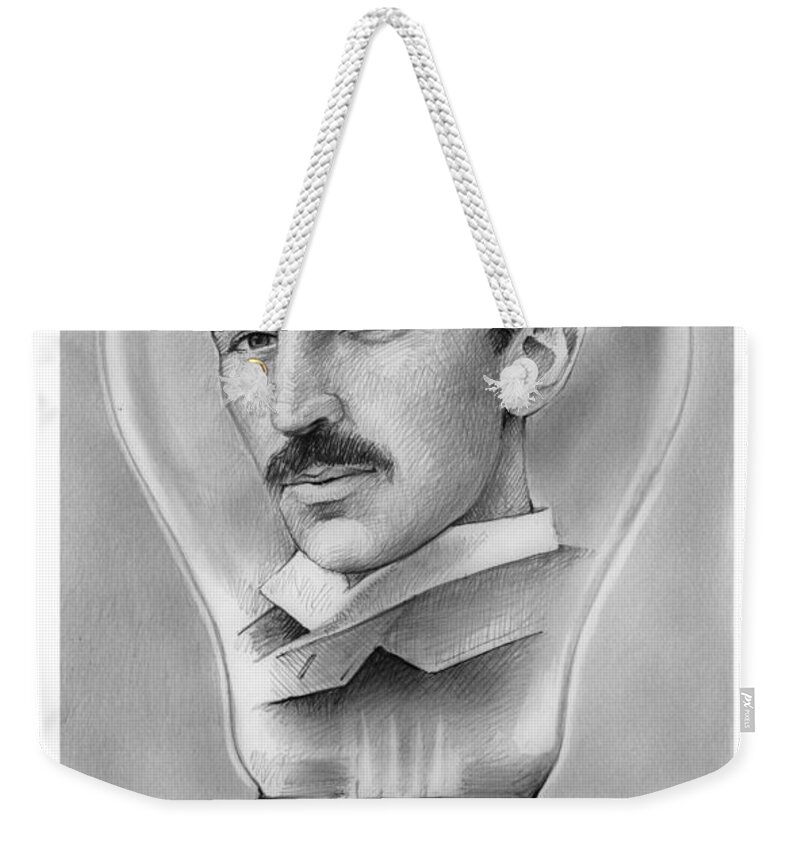 Nikola Tesla Weekender Tote Bag featuring the drawing Nikola Tesla by Greg Joens