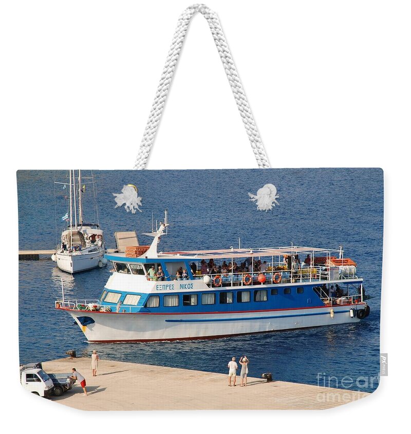 Halki Weekender Tote Bag featuring the photograph Nikos Express ferry at Halki by David Fowler