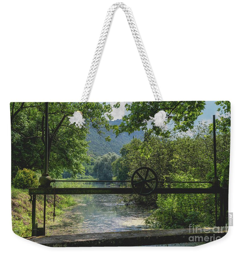 Ninfa Weekender Tote Bag featuring the photograph Ninfa Waterway, Rome Italy by Perry Rodriguez
