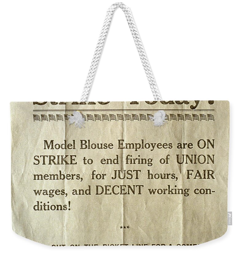 1935 Weekender Tote Bag featuring the photograph Nj: Strike Poster, 1935 by Granger