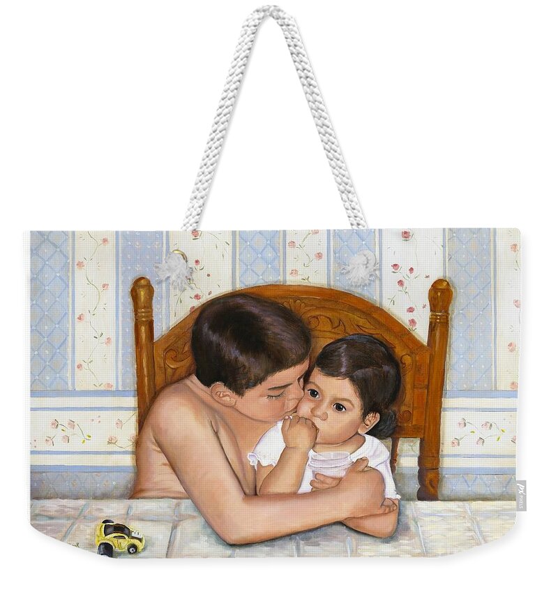 Portrait Weekender Tote Bag featuring the painting Noah Takes Time for Kira by Marlene Book