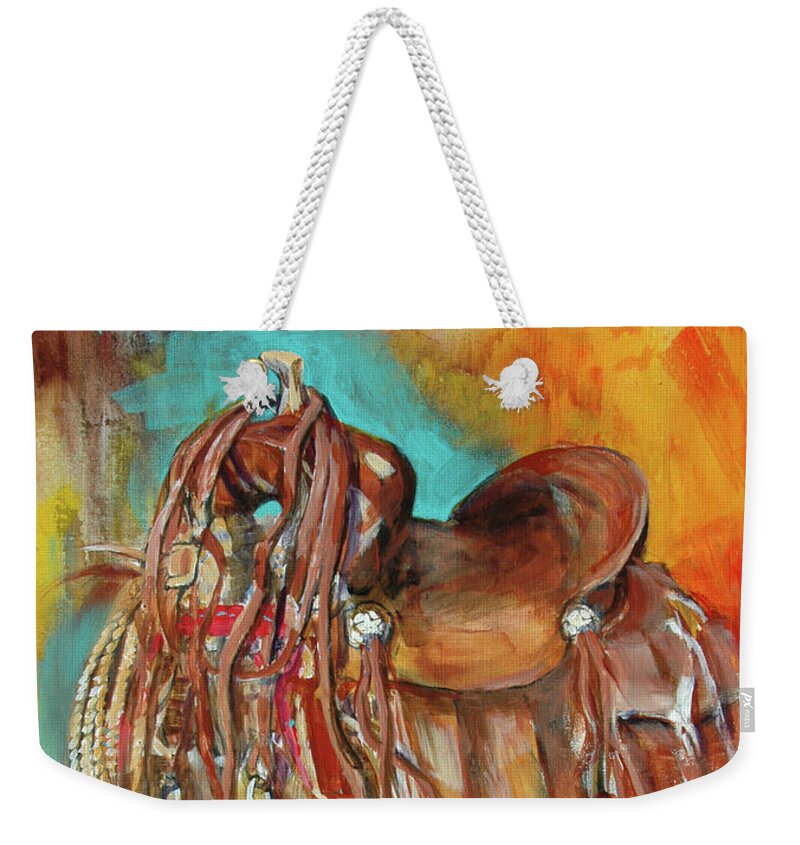 Southwest Weekender Tote Bag featuring the painting Nocona Saddle by Cynthia Westbrook