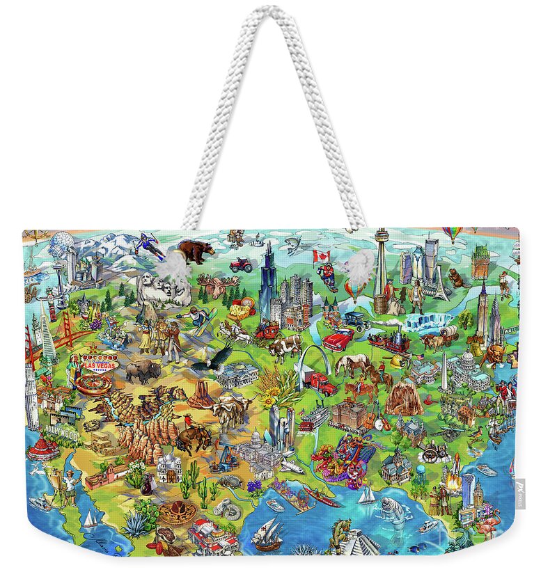 Los Angeles; Santa Barbara; Us; Usa; Maria Rabinky; Rabinky; New York; Illustrated Map; United States; Chicago; San Francisco; Pictorial Map; America; Colorful Map Of America Weekender Tote Bag featuring the painting North America Wonders Map Illustration by Maria Rabinky