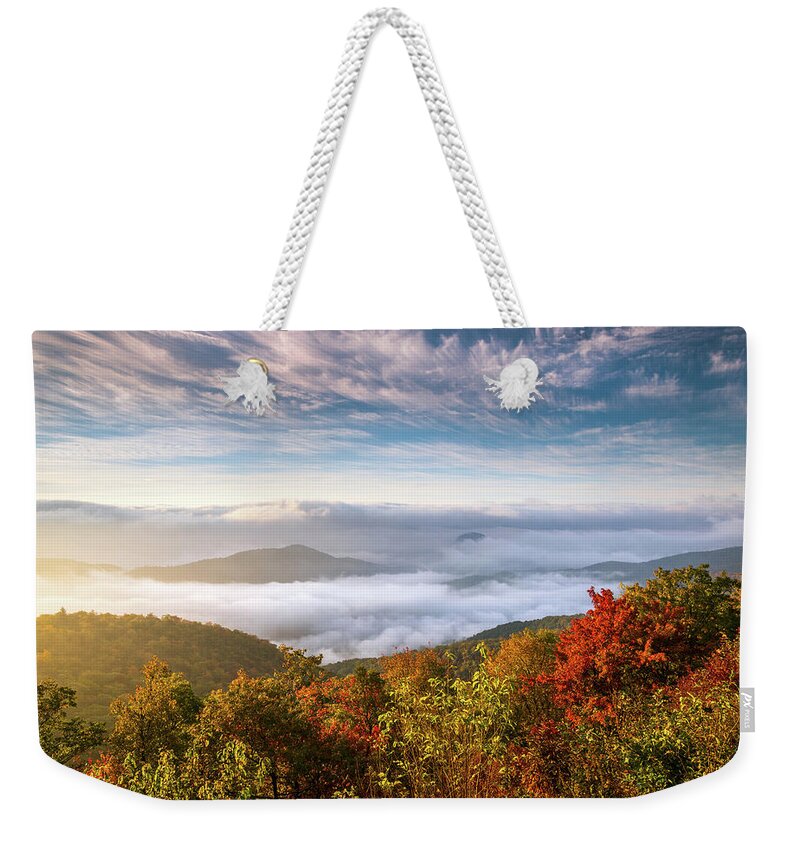 North Carolina Weekender Tote Bag featuring the photograph North Carolina Autumn Sunrise Blue Ridge Parkway Fall Foliage NC Mountains by Dave Allen