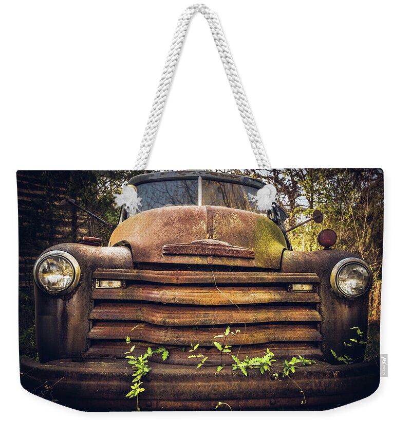 North Carolina Weekender Tote Bag featuring the photograph North Carolina Back Roads Rusty Chevy by Cynthia Wolfe