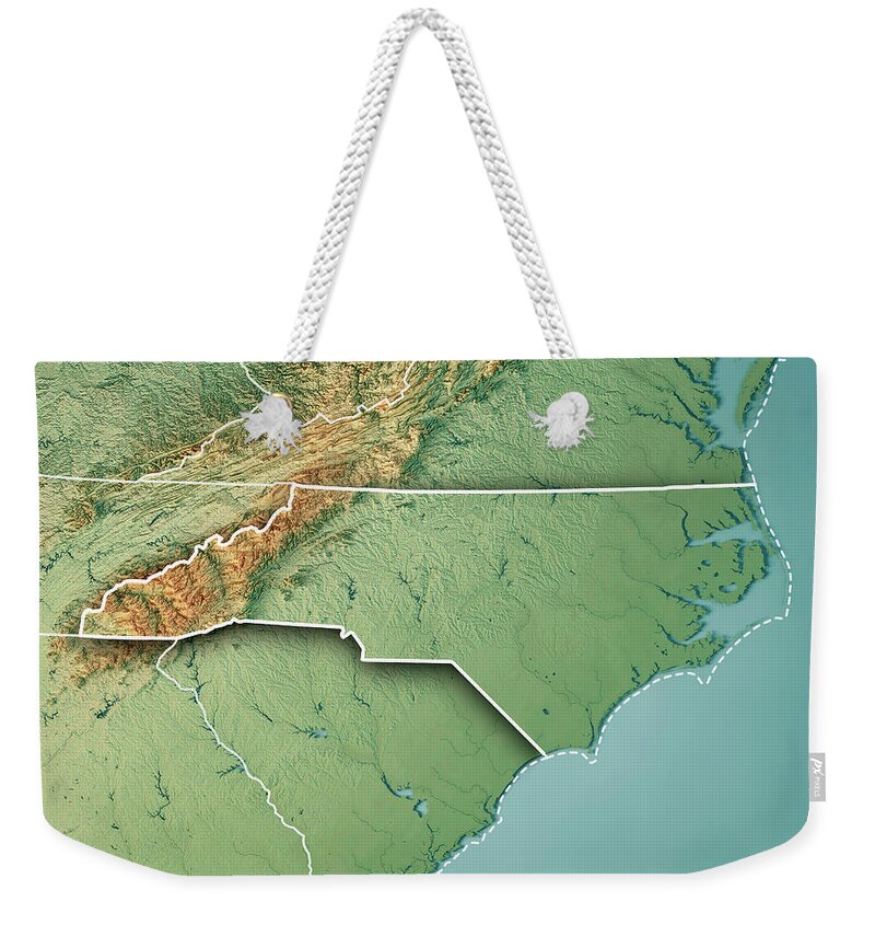 North Carolina Weekender Tote Bag featuring the digital art North Carolina State USA 3D Render Topographic Map Border by Frank Ramspott