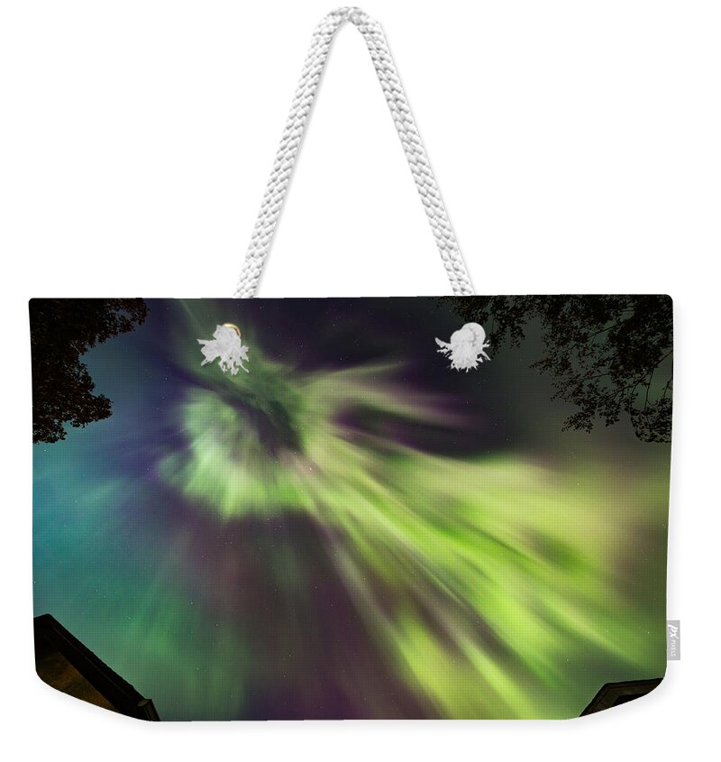 Astrophotography Weekender Tote Bag featuring the photograph Northern Lights in the CIty Overhead 08 by Jakub Sisak