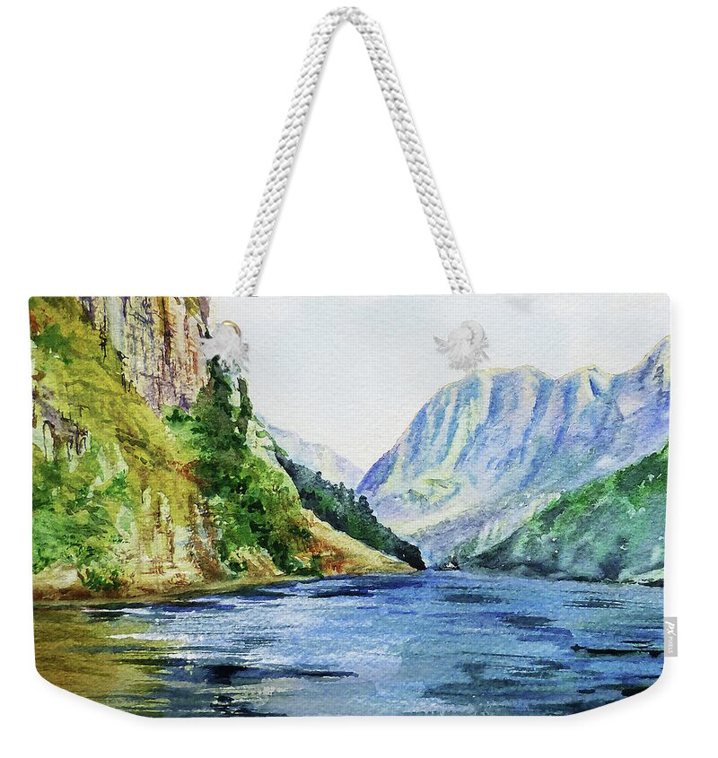 Northern Weekender Tote Bag featuring the painting Northern Mountain Lake Watercolor by Irina Sztukowski