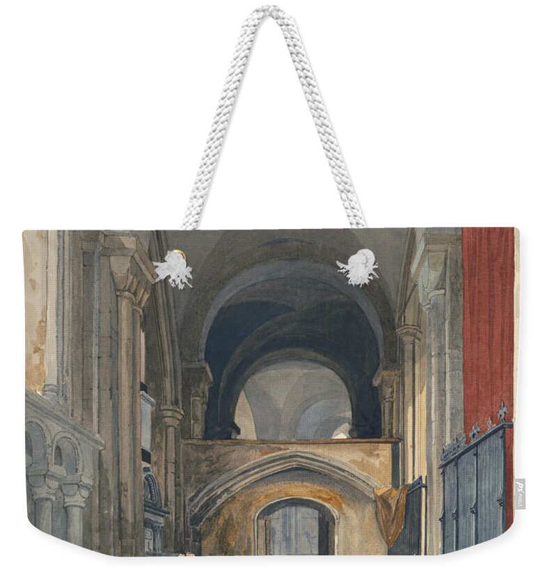 John Sell Cotman Weekender Tote Bag featuring the painting Norwich Cathedral - Interior of the North Aisle of the Choir, Looking East by John Sell Cotman