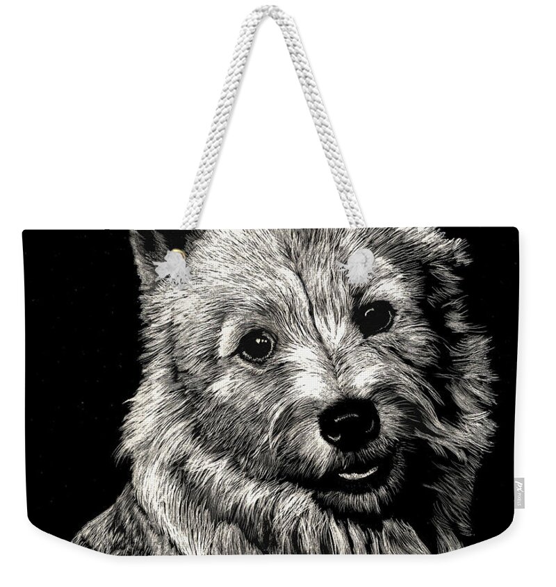 Norwich Weekender Tote Bag featuring the drawing Norwich Terrier by Rachel Bochnia