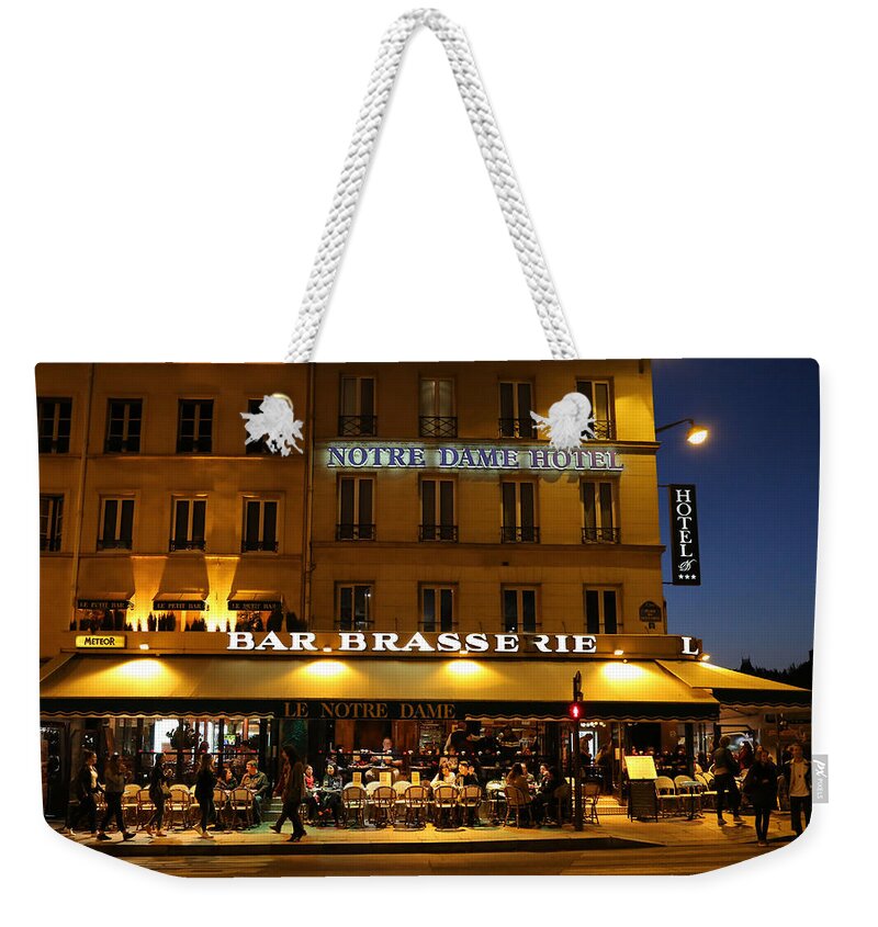 Notre Dame Cafe Weekender Tote Bag featuring the photograph Notre Dame Cafe by Andrew Fare