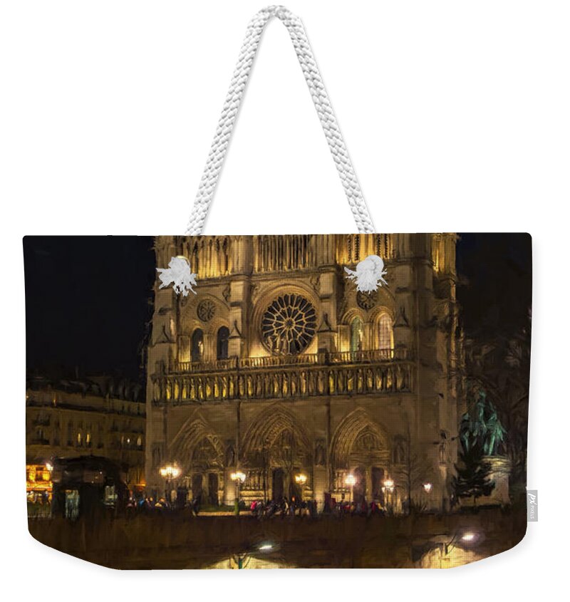 Joan Carroll Weekender Tote Bag featuring the photograph Notre Dame Night Painterly by Joan Carroll
