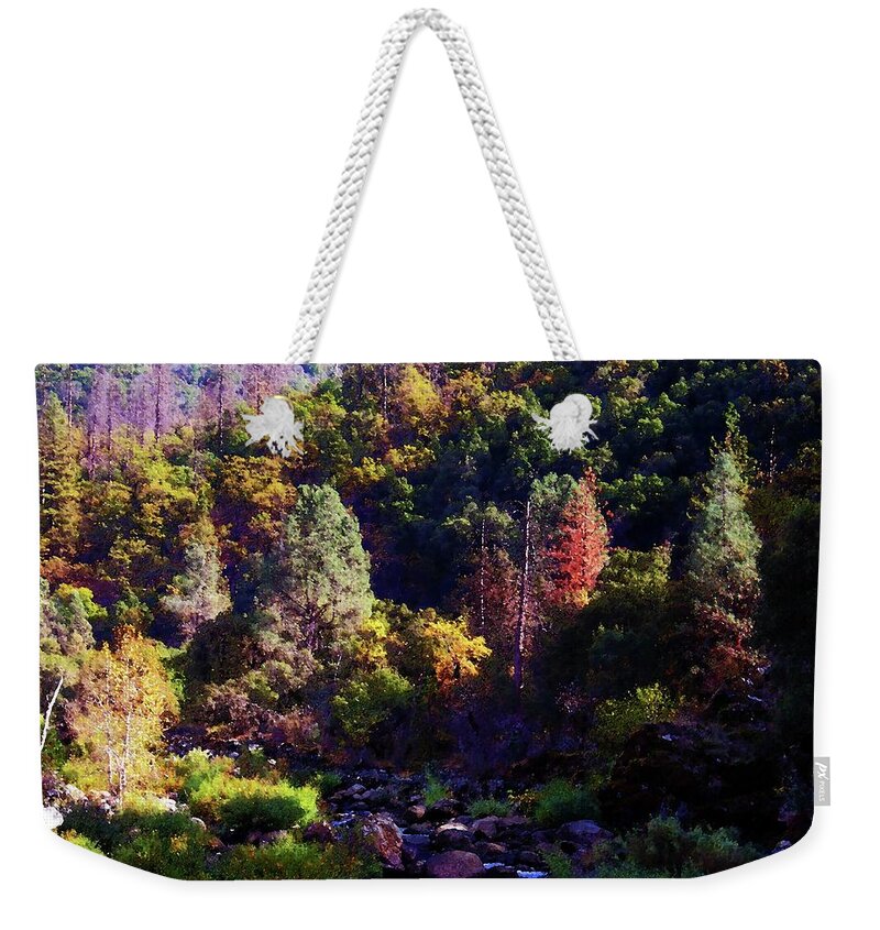 Merced River Weekender Tote Bag featuring the photograph November on the Merced River by Timothy Bulone