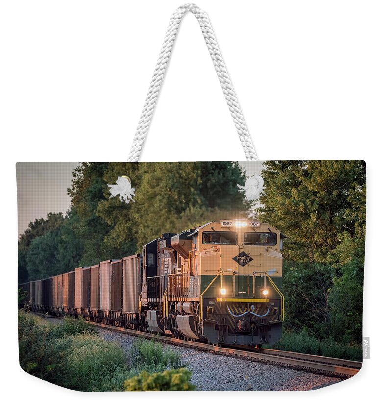 Railroad Tracks Weekender Tote Bag featuring the photograph NS Heritage Reading Lines southbound at Sullivan IN by Jim Pearson