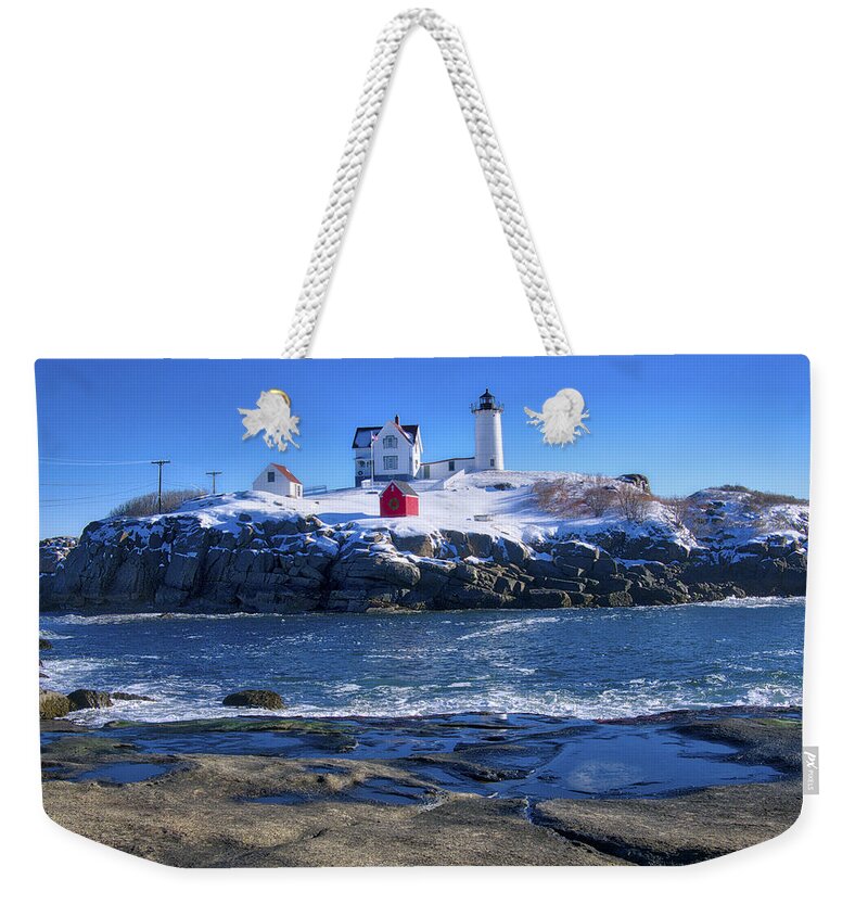 Atlantic Weekender Tote Bag featuring the photograph Nubble Lighthouse -Winter 2015 by Steven Ralser