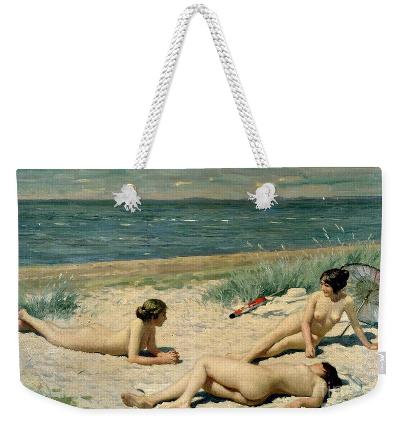 Nude Weekender Tote Bag featuring the painting Nude bathers on the beach by Paul Fischer